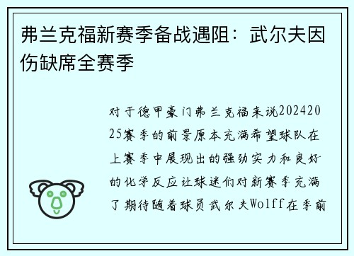 弗兰克福新赛季备战遇阻：武尔夫因伤缺席全赛季